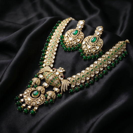 Emerald Polki Diamond Peacock Gold Necklace Set