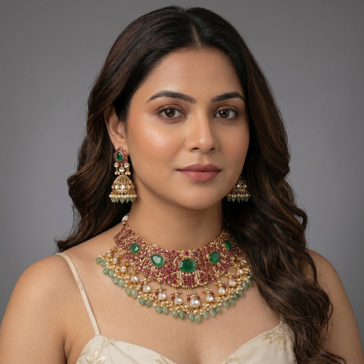 Emerald Ruby Polki Pearl Choker Gold Necklace Set