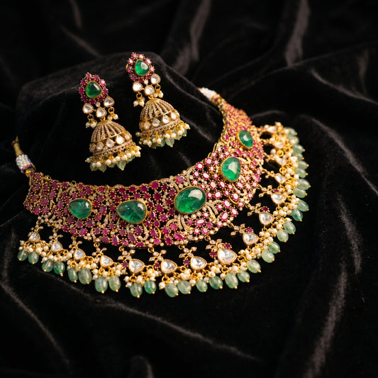 Emerald Ruby Polki Pearl Choker Gold Necklace Set