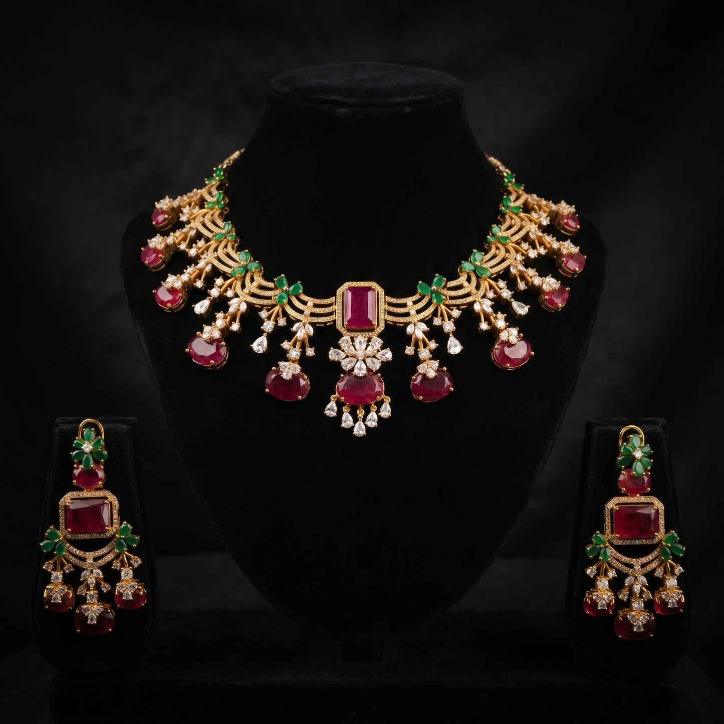 Ruby Emerald Diamond Drop Gold Necklace Set