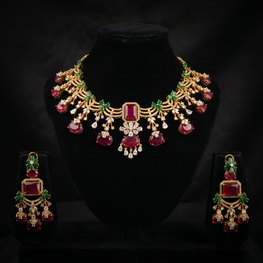 Ruby Emerald Diamond Drop Gold Necklace Set