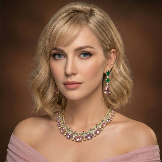 Pink Sapphire Emerald Diamond Gold Necklace Set