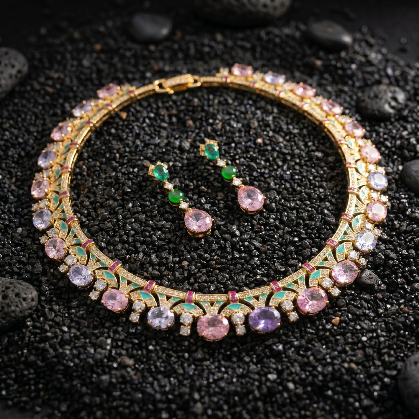 Pink Sapphire Emerald Diamond Gold Necklace Set