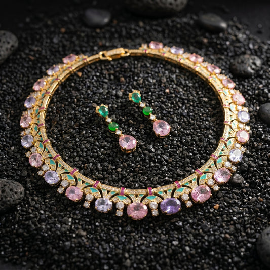 Pink Sapphire Emerald Diamond Gold Necklace Set