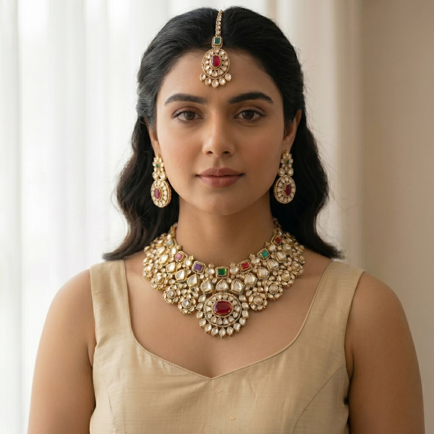 Multicolour Polki Gemstone Gold Necklace Set