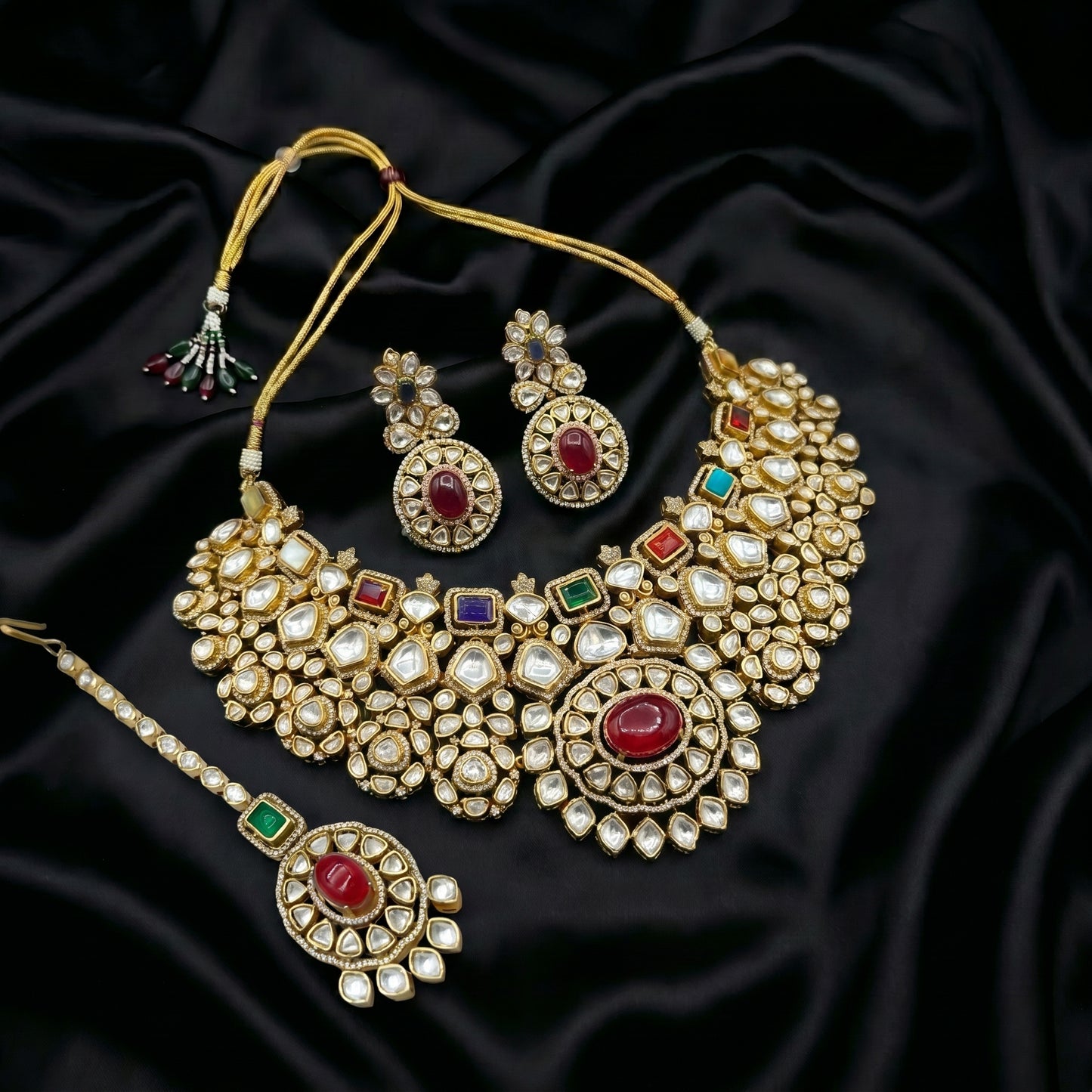 Multicolour Polki Gemstone Gold Necklace Set