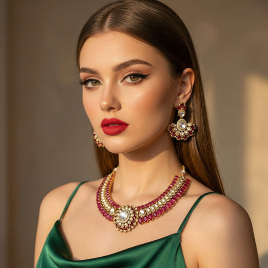 Crimson Crescent Ruby & Polki Collar Necklace & Earrings Set