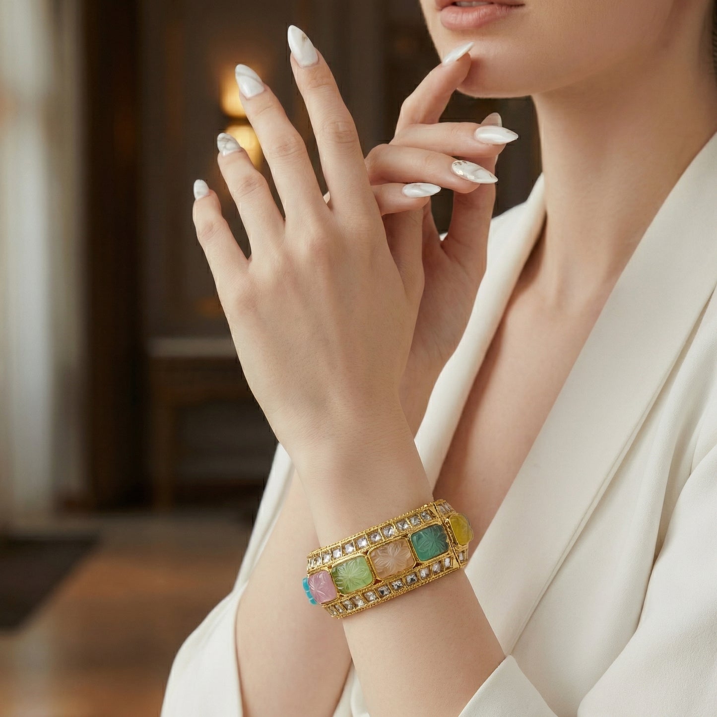 Pastel Carved Gemstone Polki Gold Bangle