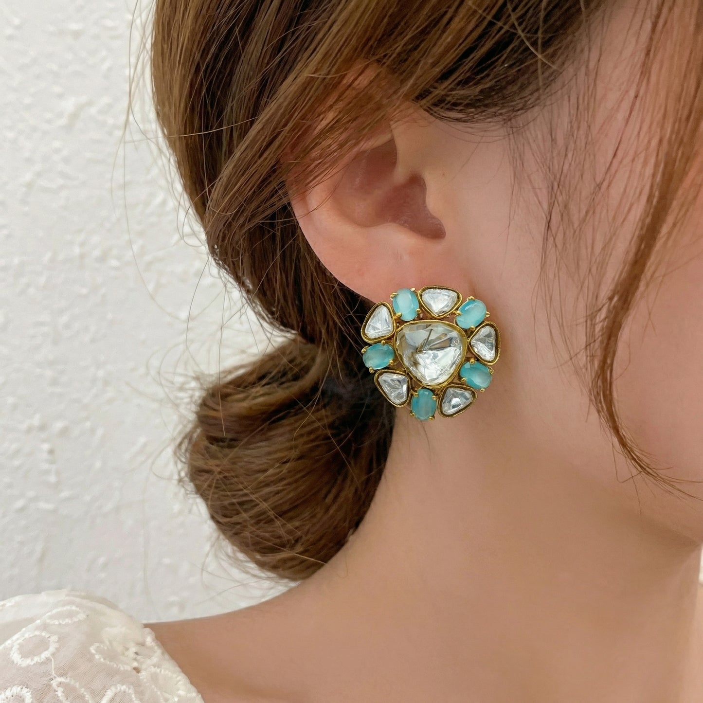Turquoise Polki Cluster Gold Stud Earrings