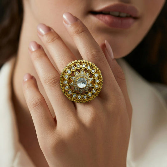 Polki Diamond Dome Floral Gold Ring