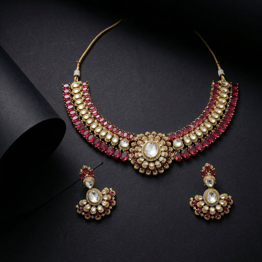 Crimson Crescent Ruby & Polki Collar Necklace & Earrings Set