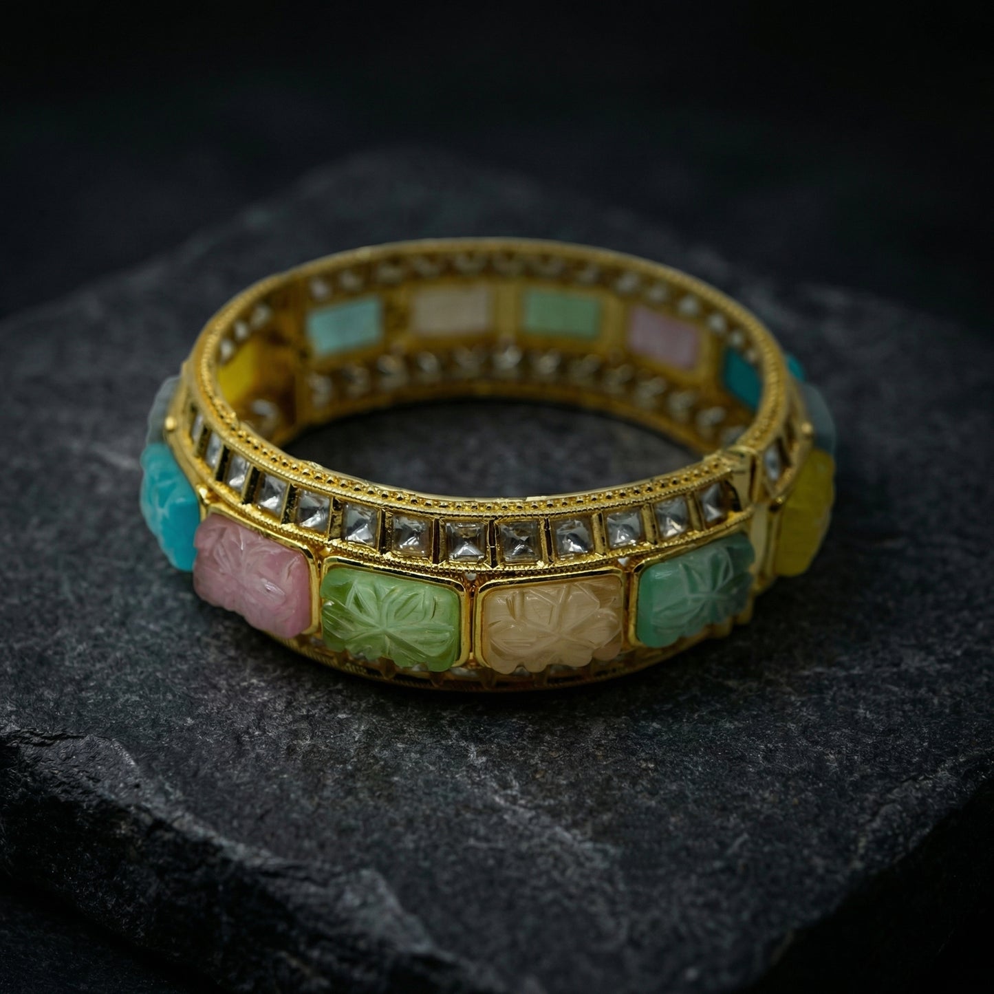 Pastel Carved Gemstone Polki Gold Bangle