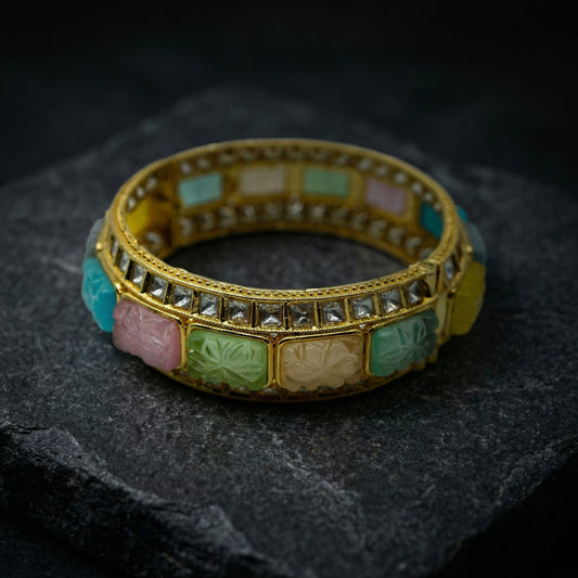 Pastel Carved Gemstone Polki Gold Bangle