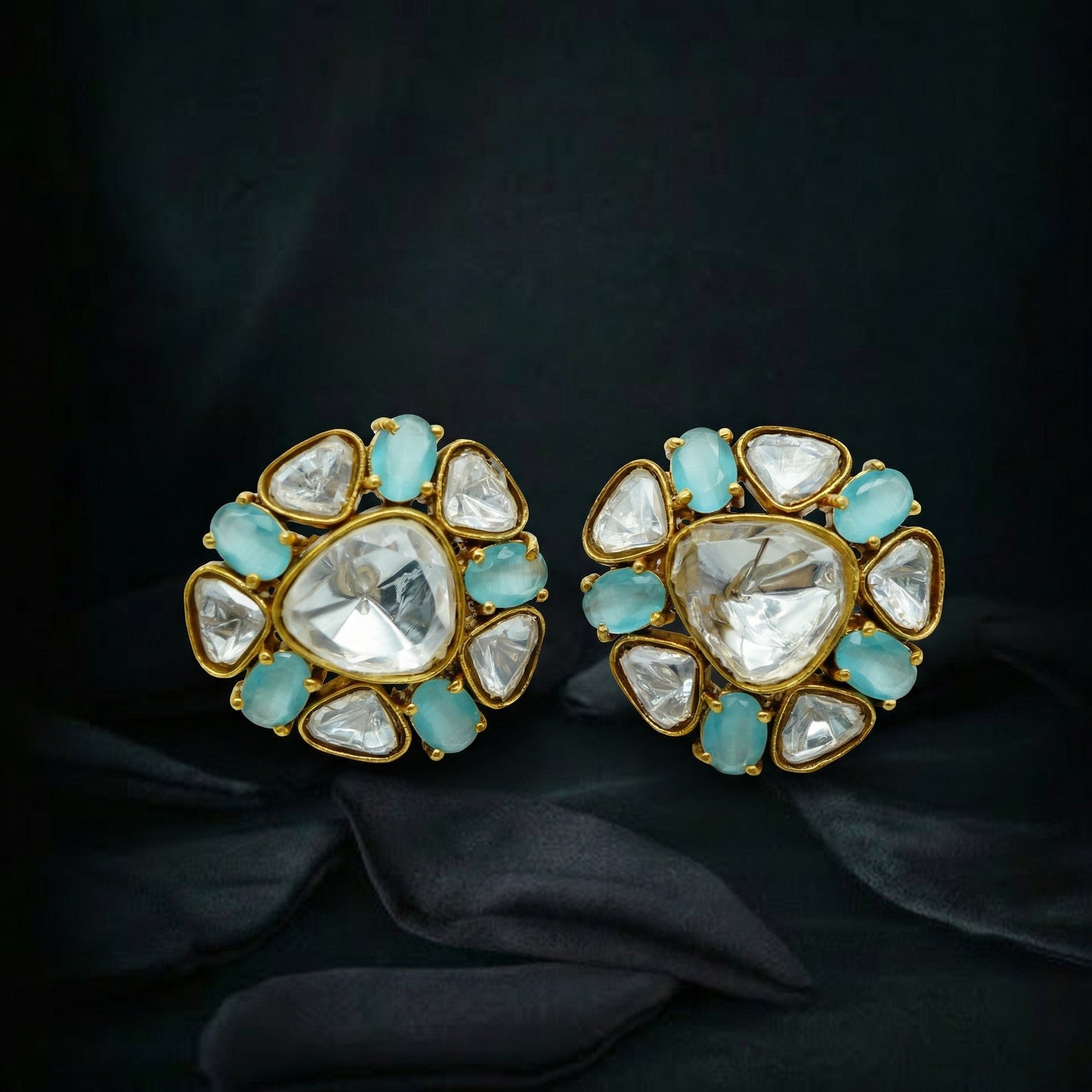 Turquoise Polki Cluster Gold Stud Earrings