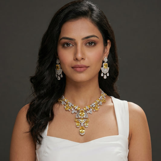 Yellow Sapphire Diamond Drop Gold Necklace Set