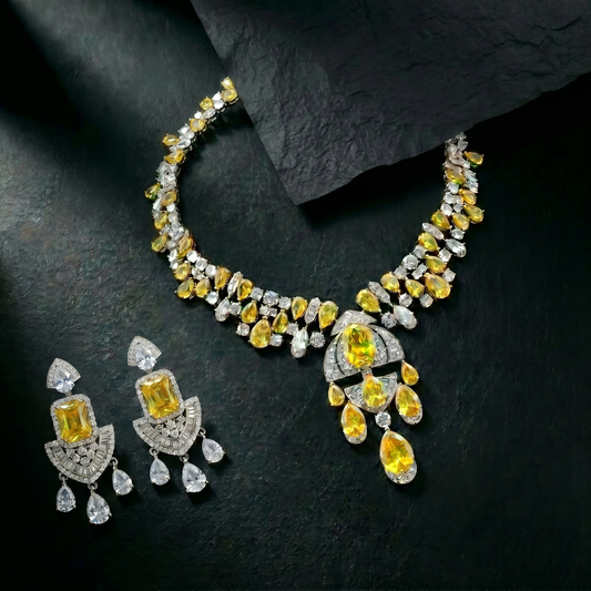 Yellow Sapphire Diamond Drop Gold Necklace Set