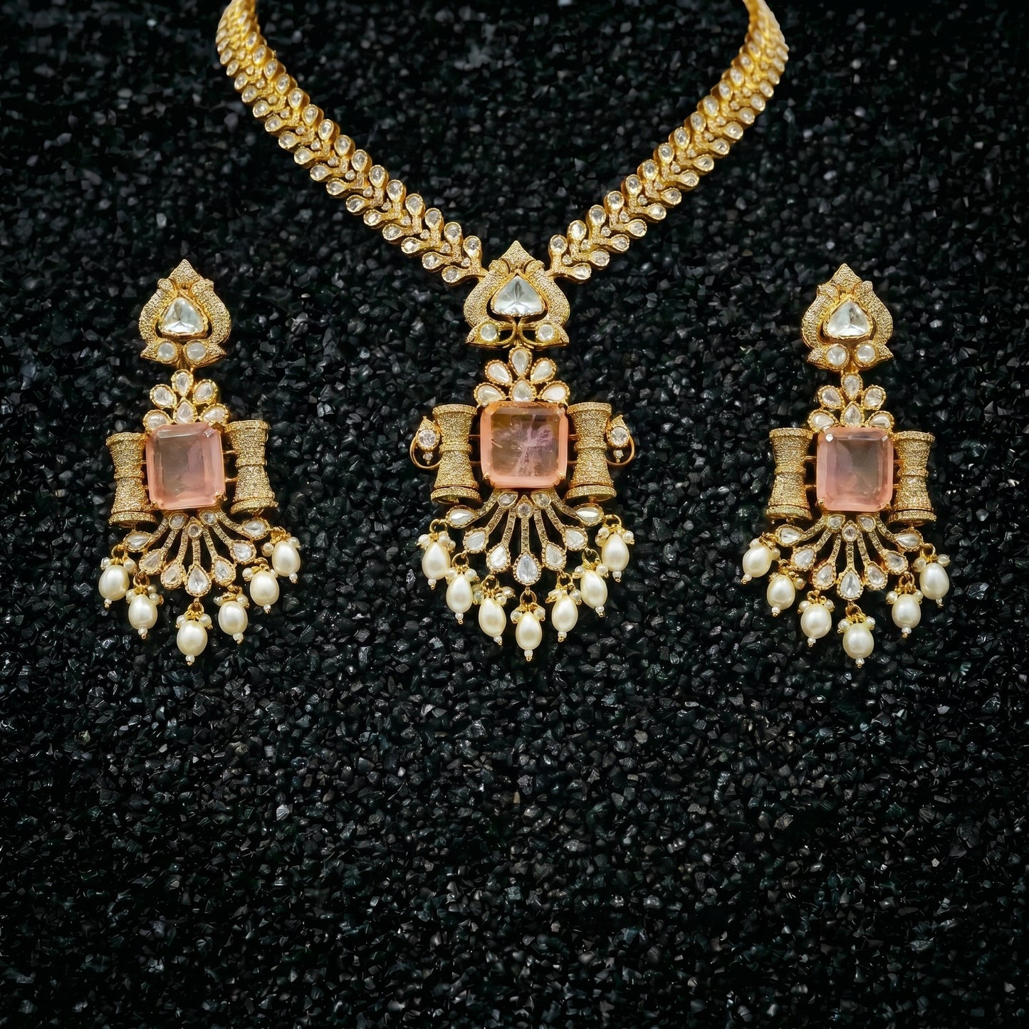 Rose Quartz Polki Pearl Gold Necklace Set