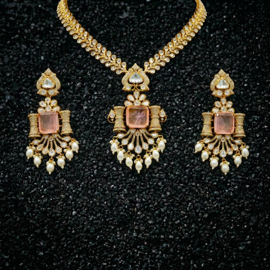 Rose Quartz Polki Pearl Gold Necklace Set