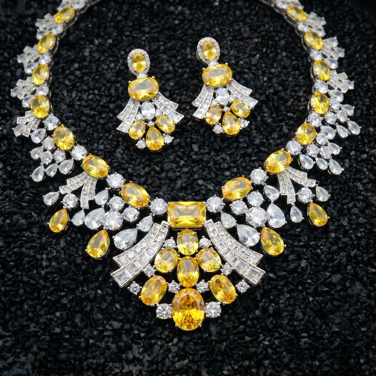 Yellow Sapphire Diamond Bib Silver Necklace Set