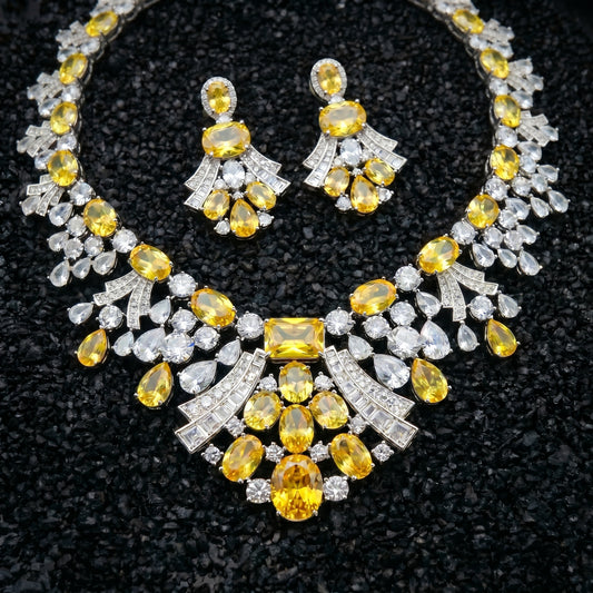 Yellow Sapphire Diamond Bib Silver Necklace Set