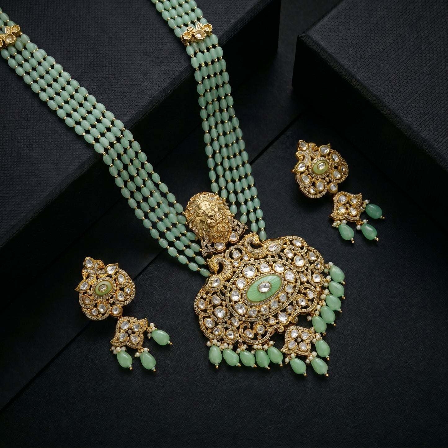 Jade Polki Lion Gold Necklace Set