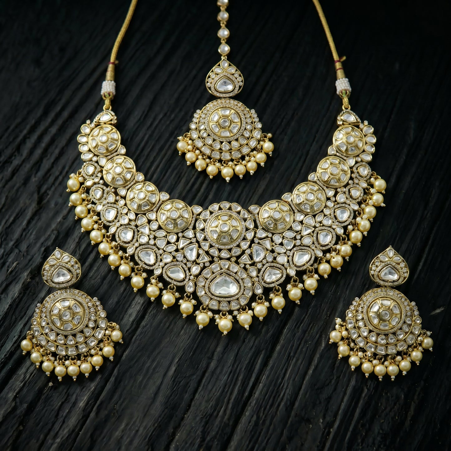 Polki Diamond Pearl Bridal Choker Gold Necklace Set