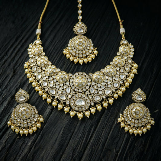 Polki Diamond Pearl Bridal Choker Gold Necklace Set