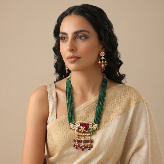 Ruby Emerald Polki Peacock Bead Gold Necklace Set