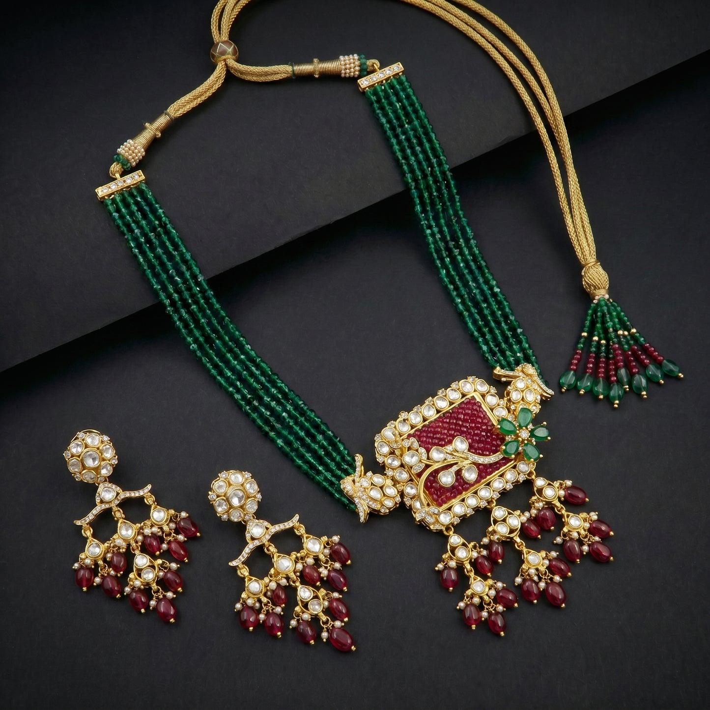 Ruby Emerald Polki Peacock Bead Gold Necklace Set