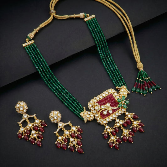 Ruby Emerald Polki Peacock Bead Gold Necklace Set