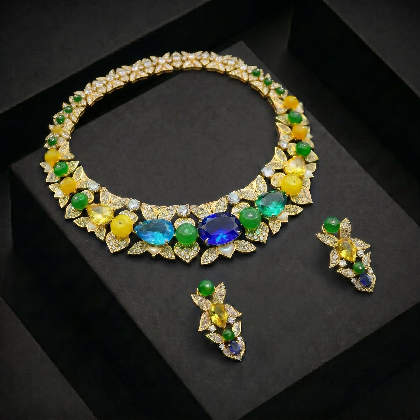 Sapphire Citrine Jade Floral Gold Necklace Set