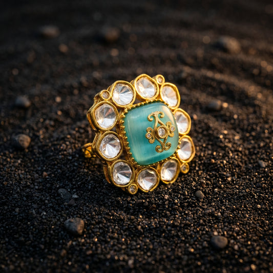 Turquoise Enamel Polki Diamond Gold Ring