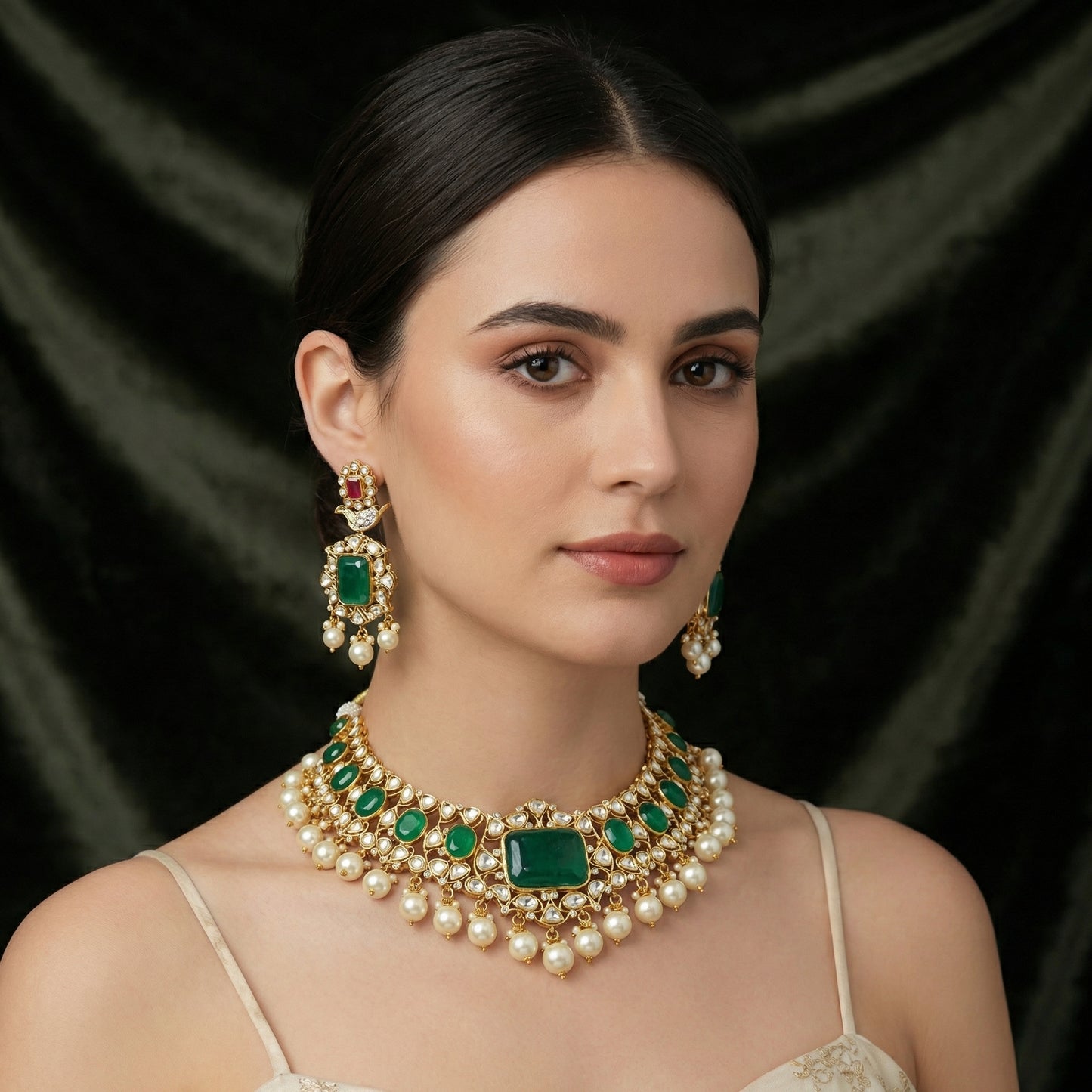 Emerald Isle Pearl & Polki Choker Necklace & Earrings Set