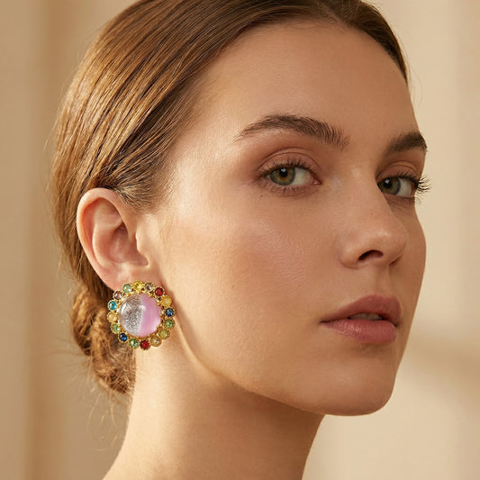 Druzy Rose Quartz Multicolour Gem Gold Studs