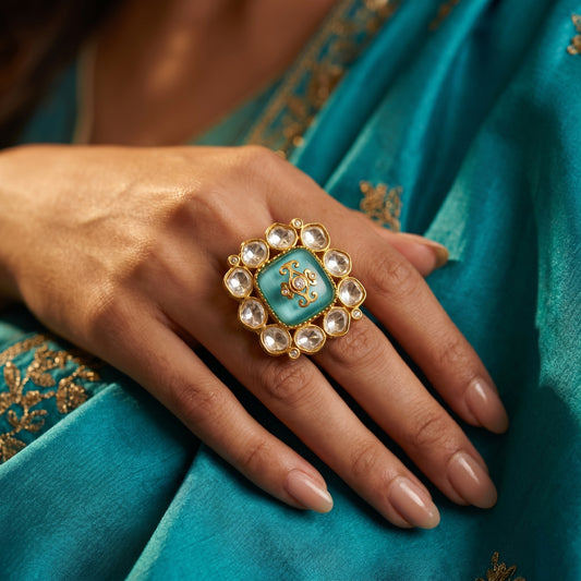 Turquoise Enamel Polki Diamond Gold Ring