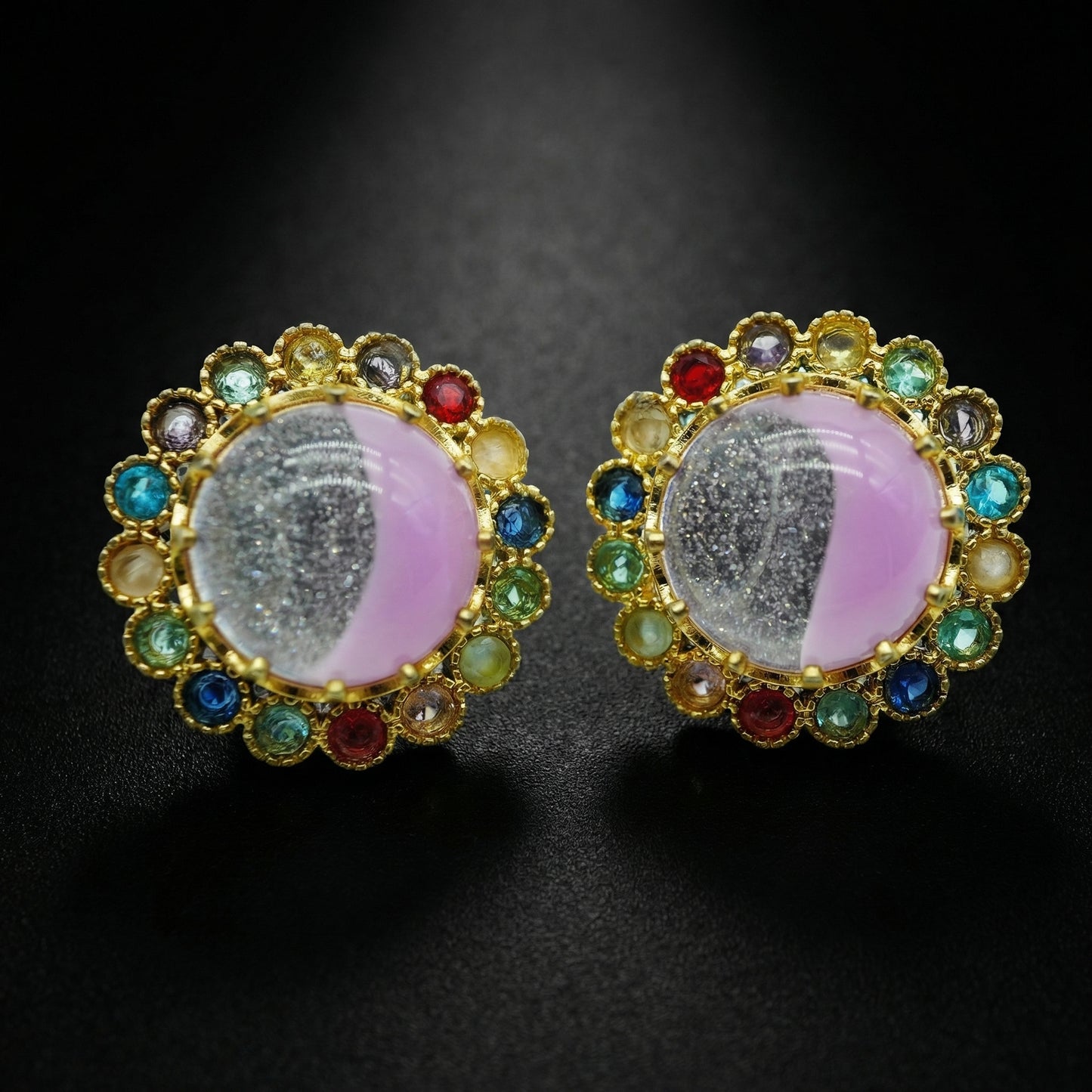 Druzy Rose Quartz Multicolour Gem Gold Studs