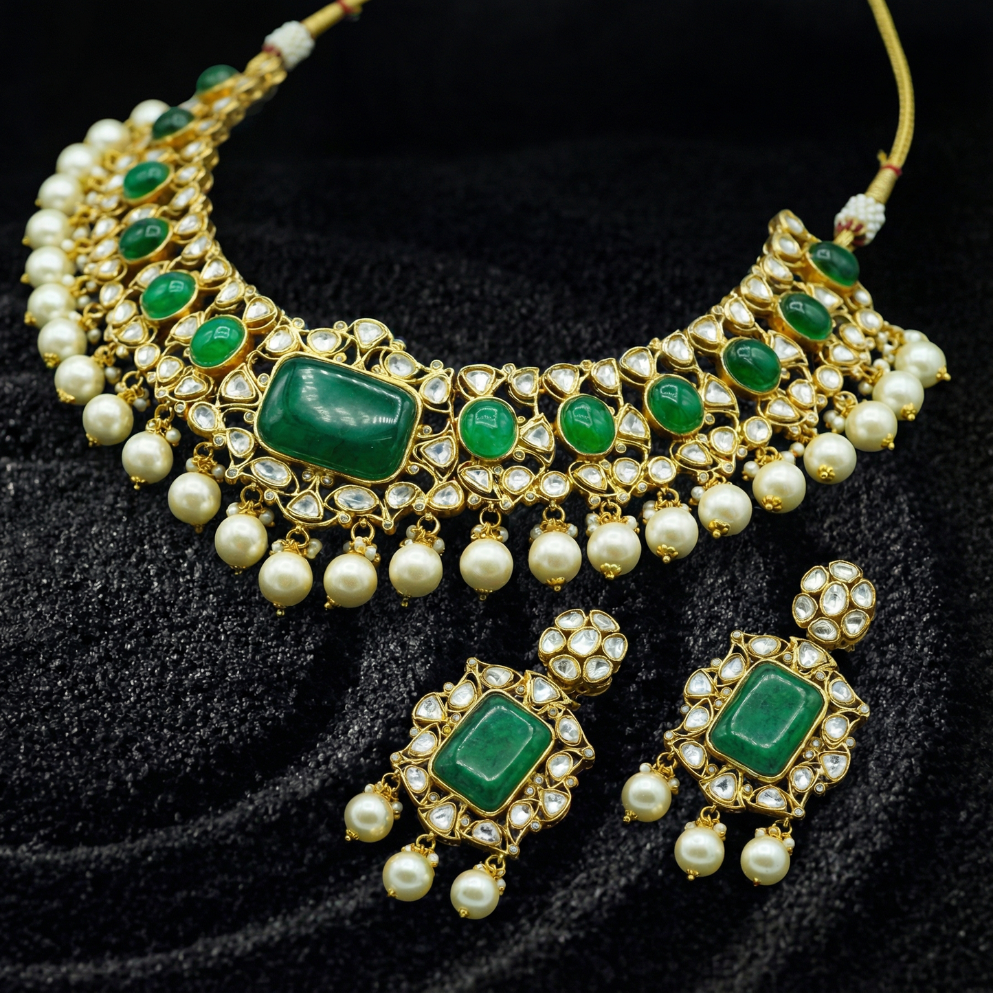 Emerald Isle Pearl & Polki Choker Necklace & Earrings Set