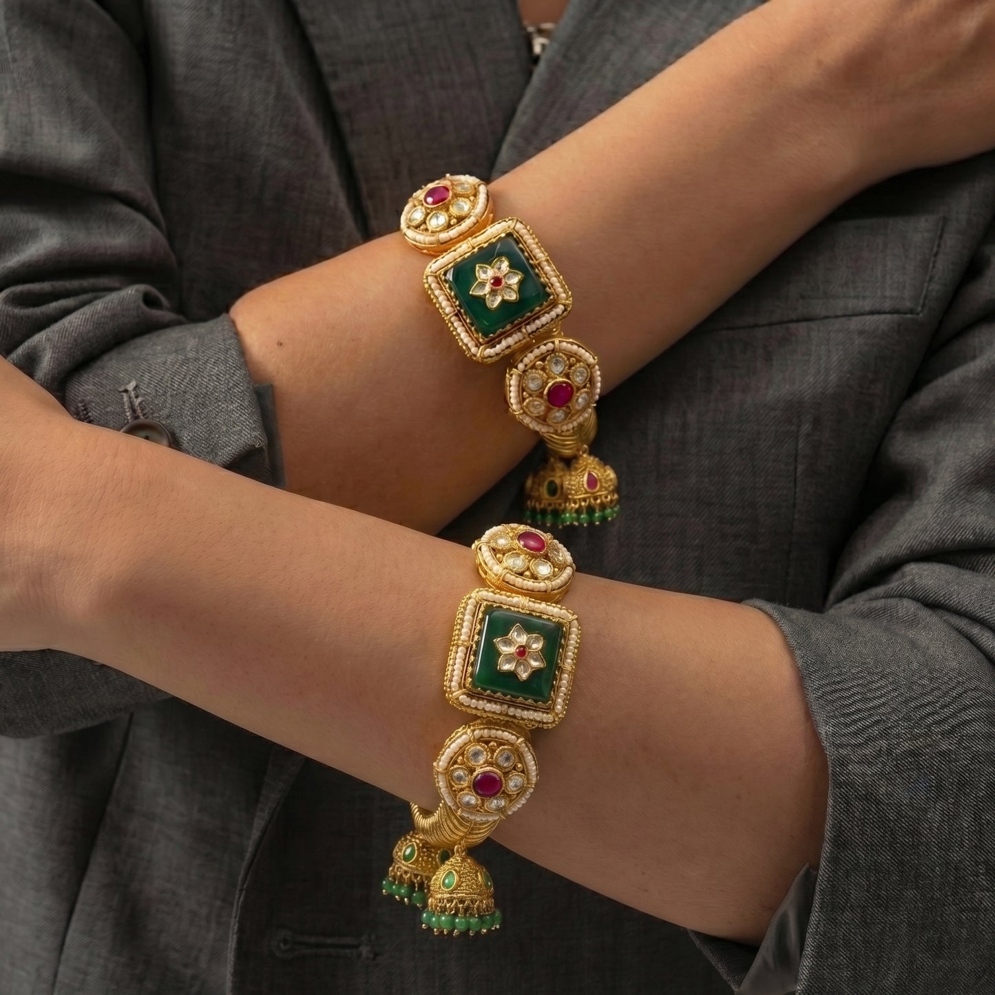 Emerald Polki Jhumka Gold Bangles