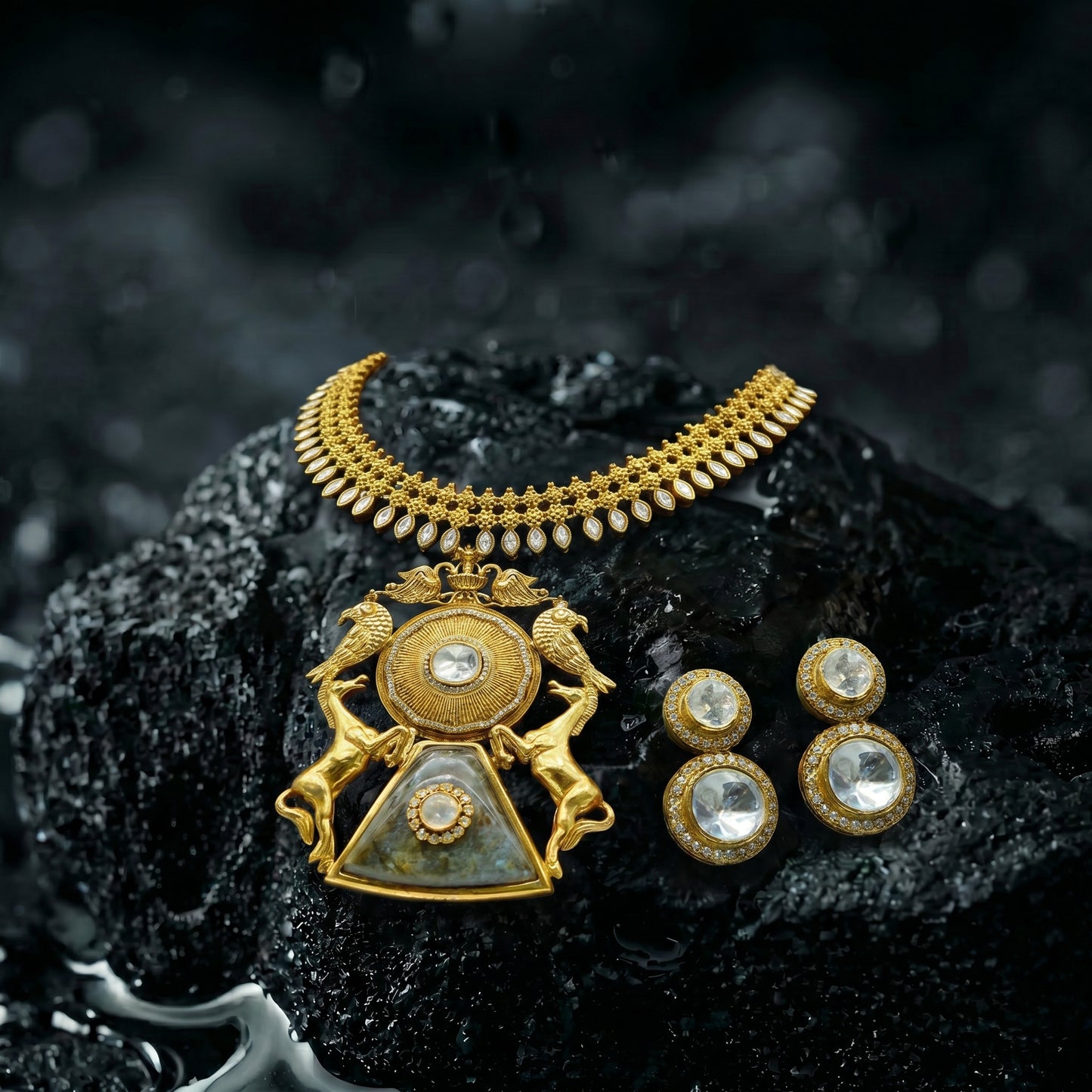 Polki Eagle Horse Gold Necklace Set