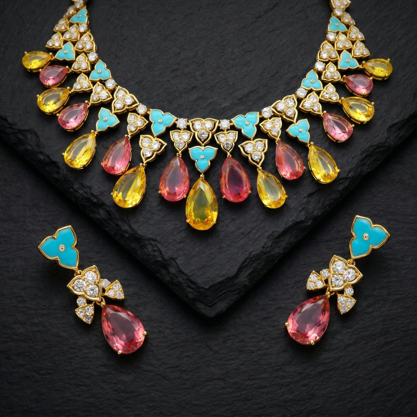 Tourmaline Citrine Turquoise Diamond Necklace Set