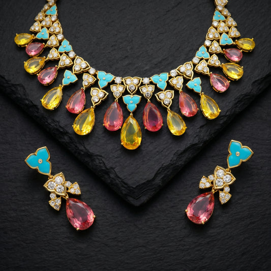 Tourmaline Citrine Turquoise Diamond Necklace Set