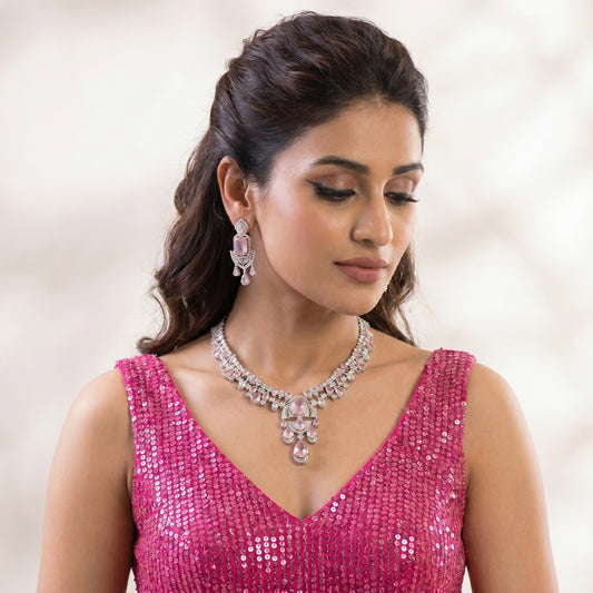 Pink Sapphire Diamond Art Deco Silver Necklace Set