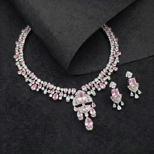 Pink Sapphire Diamond Art Deco Silver Necklace Set