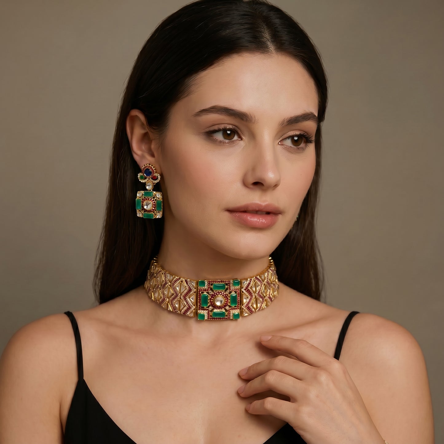 Emerald Polki Geometric Gold Choker Set