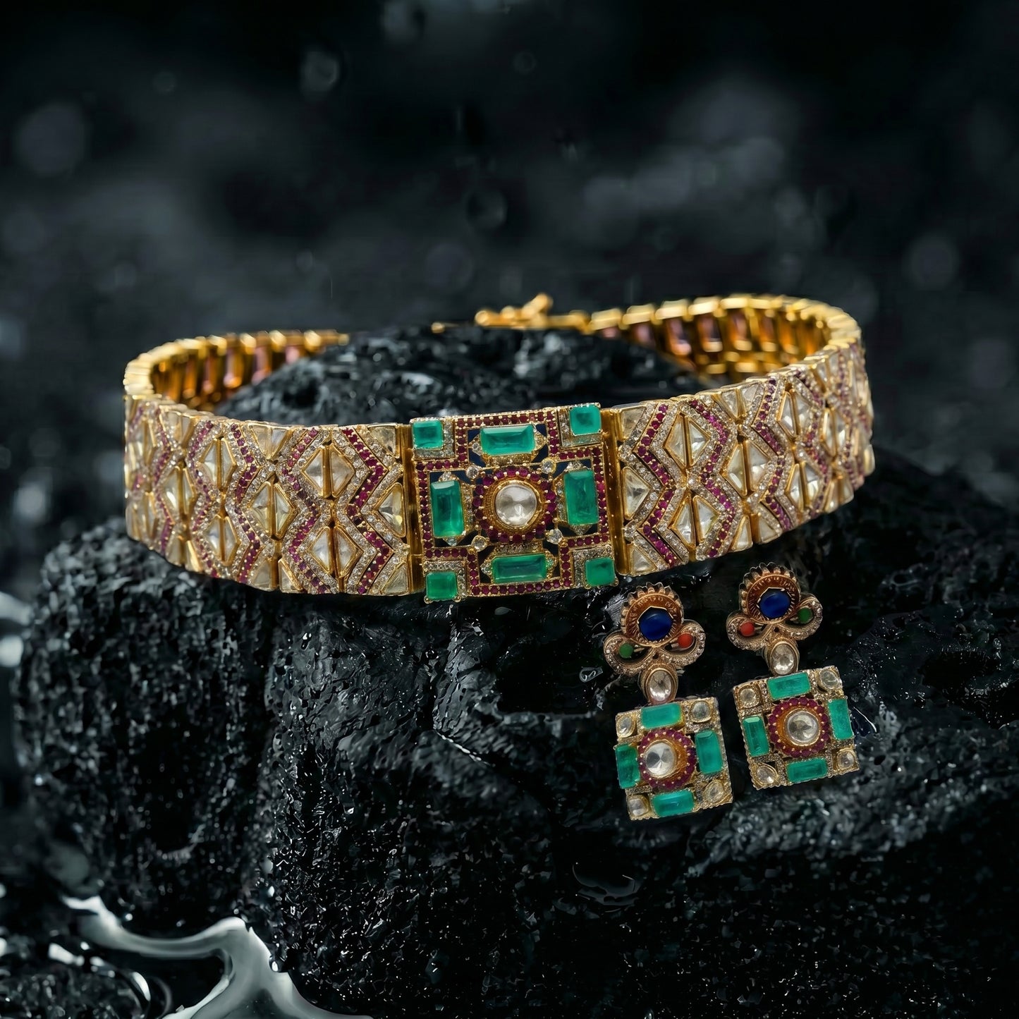 Emerald Polki Geometric Gold Choker Set