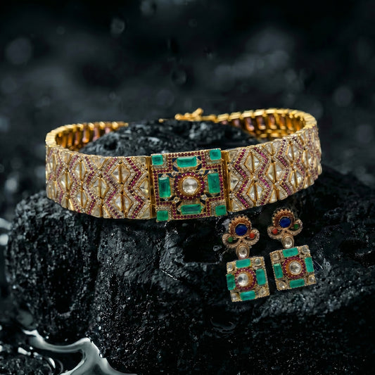 Emerald Polki Geometric Gold Choker Set