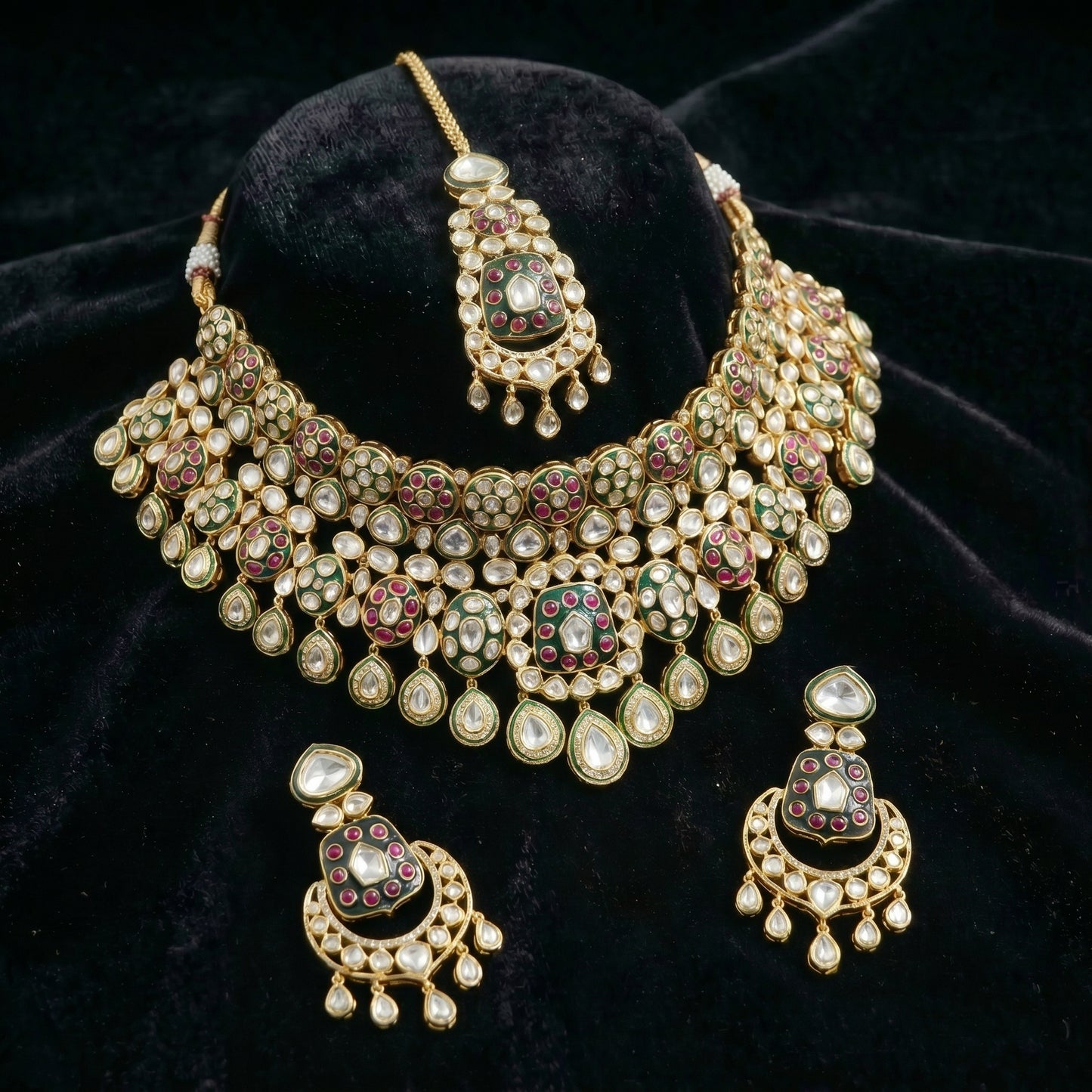 Ruby Emerald Enamel Polki Bridal Gold Necklace Set