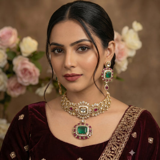 Emerald Ruby Polki Diamond Gold Necklace Set