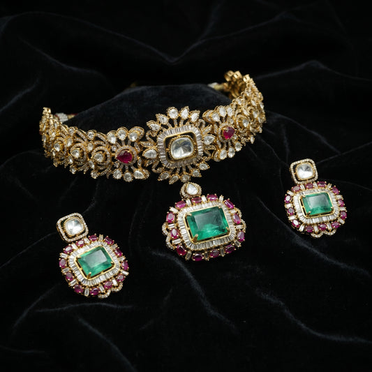 Emerald Ruby Polki Diamond Gold Necklace Set