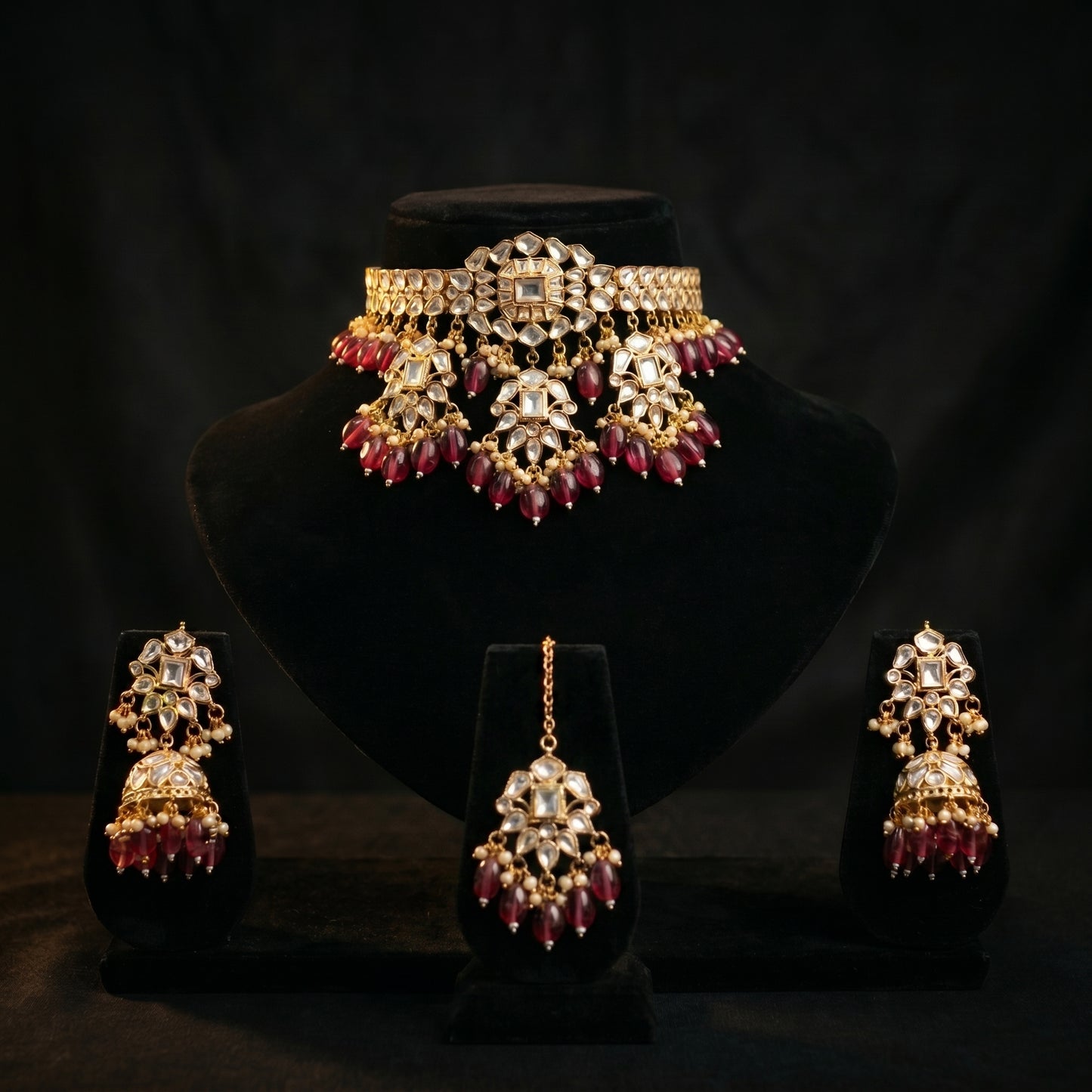 Ruby Polki Jhumka Gold Bridal Necklace Set